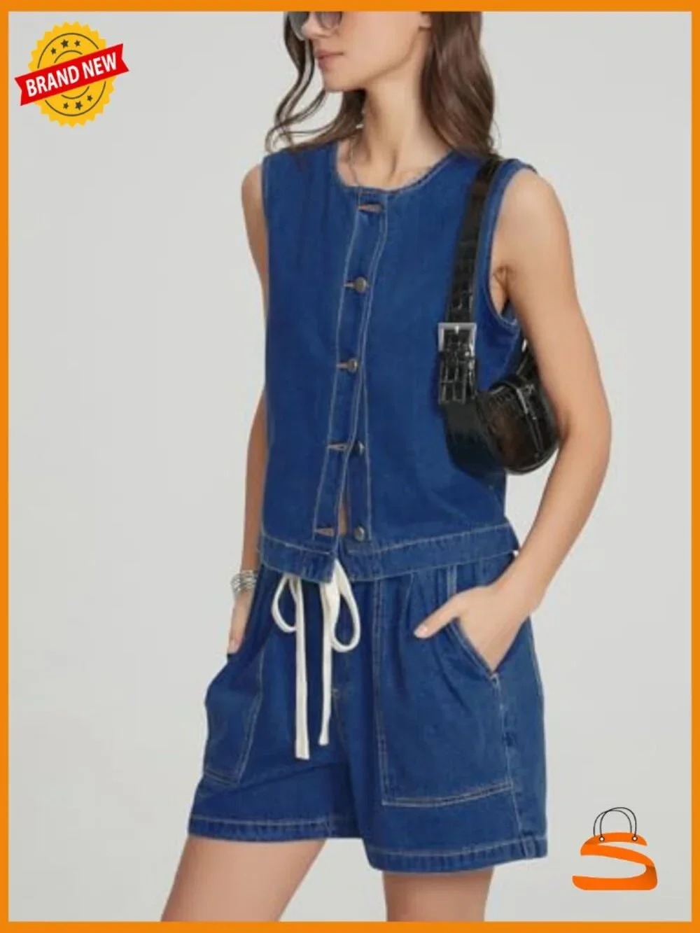 Sleeveless Denim Vest & Baggy Jean Shorts Matching Set